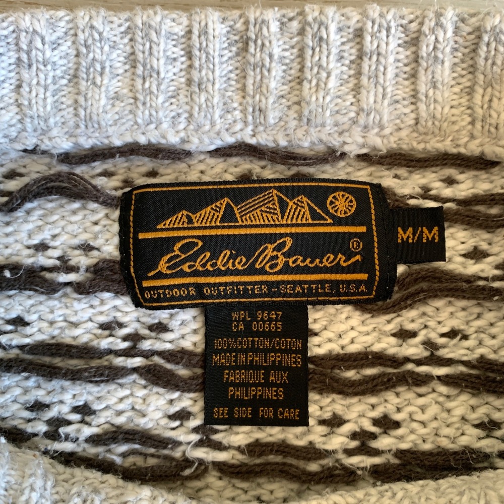 Vintage‎ Eddie Bauer Mens Cotton Birds Eye Knit Crewneck Sweater Cream Brown M - Picture 5 of 9